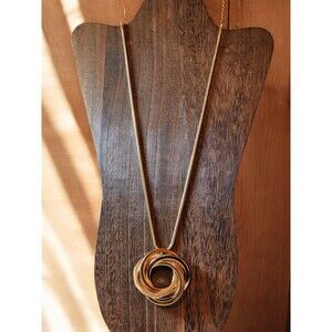 Vintage Goldtone Abstract Swirl Pendant Necklace – Sculptural Circle – 16" Drop